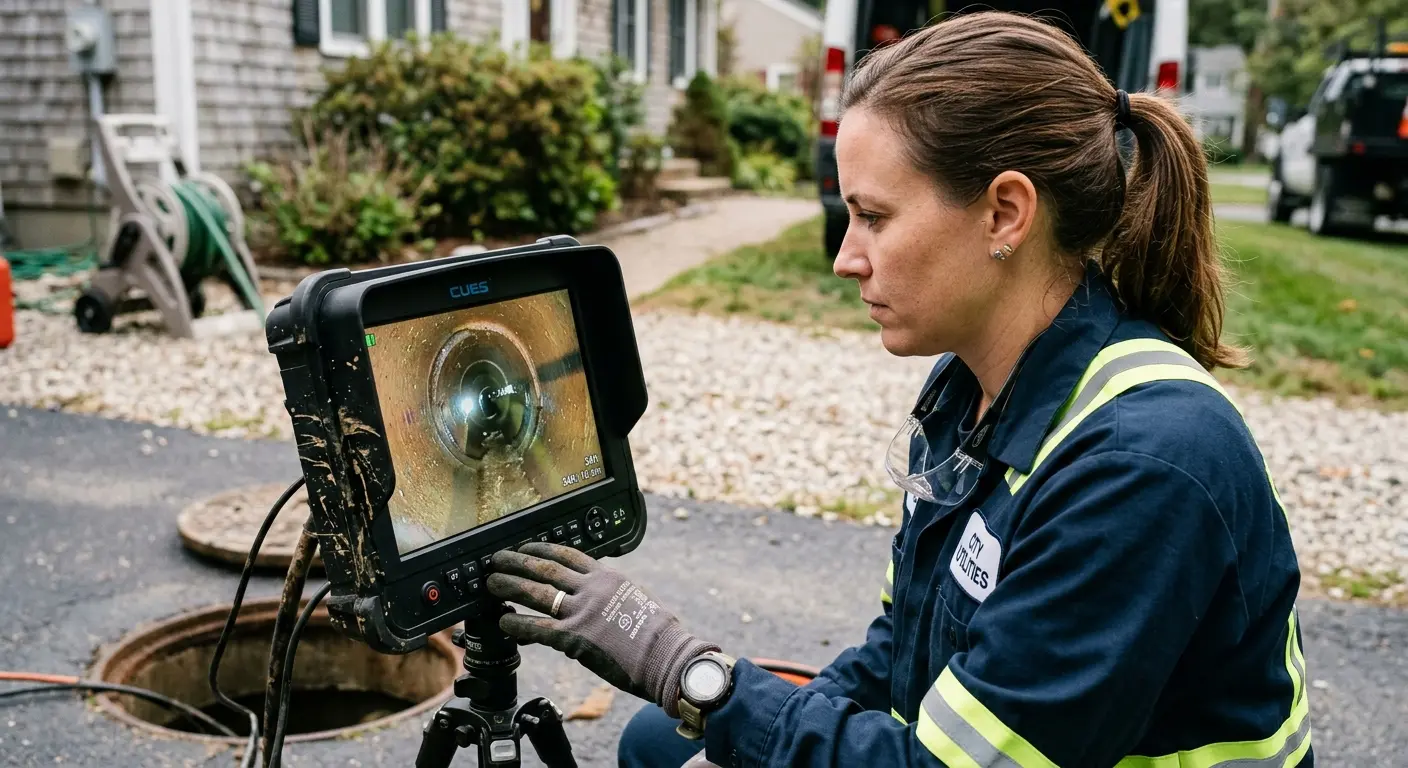 Technician reviewing sewer camera inspection footage in Sand Lake