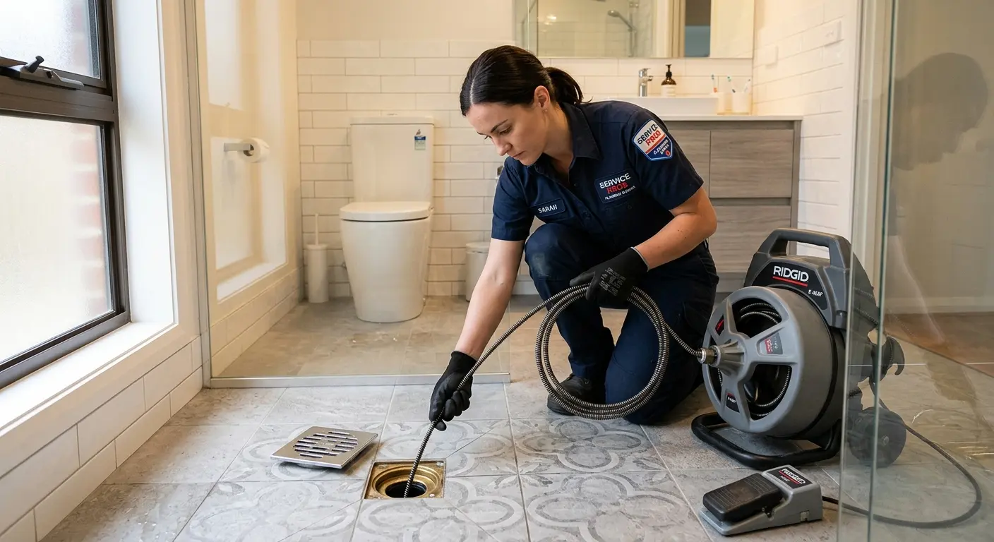 Technician clearing a bathroom floor drain for Sewer Line Installation in Sand Lake